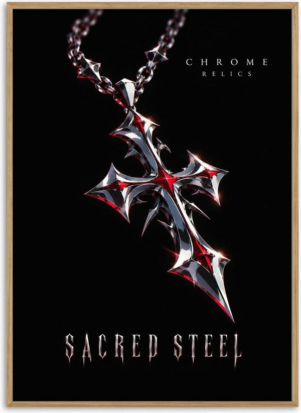 Sacred Steel by Melancholy Machinations - a chrome gothic cross on a spiked chain against black