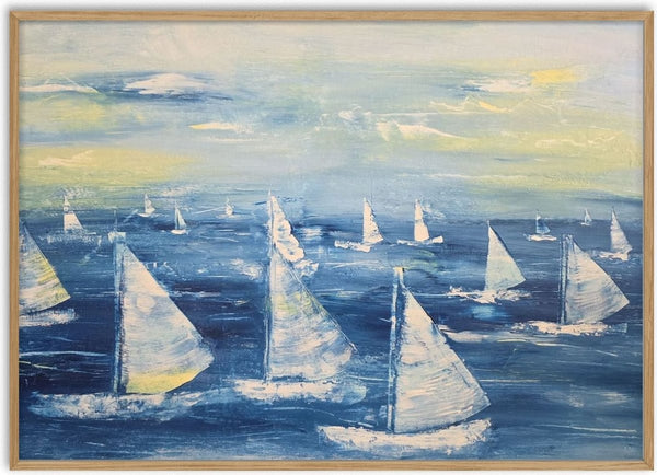 Sailing Free by Sabine Halbrock - white sailing boats crossing deep blue water