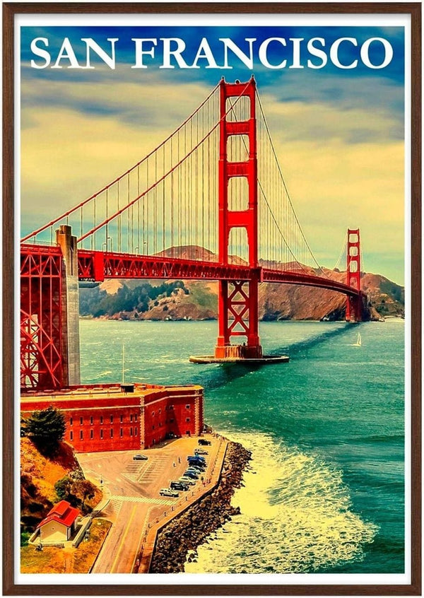 Vintage-style poster of the Golden Gate Bridge in San Francisco with bold text at the top.