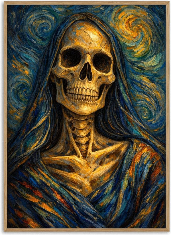 Santa Muerte, A Tribute to Van Gogh's Self-Portrait by Devour Art - golden skull in swirling blue Starry Night brushstrokes