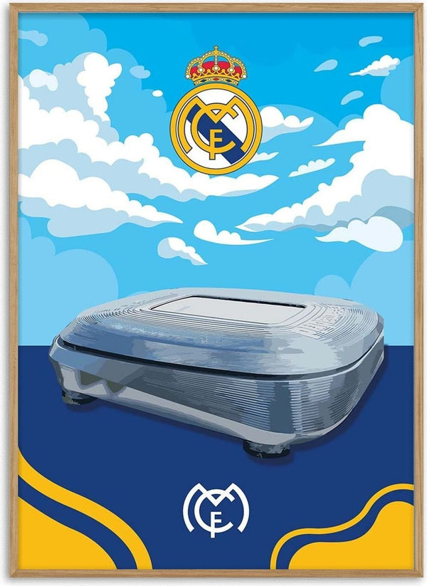 Illustration of Santiago Bernabeu Stadium with Real Madrid crest and stylized sky background.
