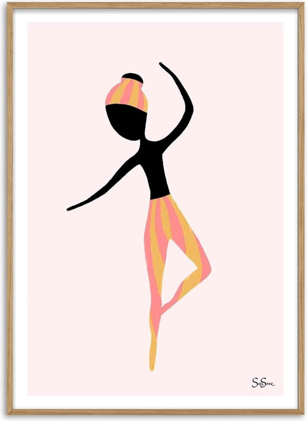 Minimalist illustration of a dancer in pink and yellow stripes, featured on the Sara Sonne – Dance More product page.