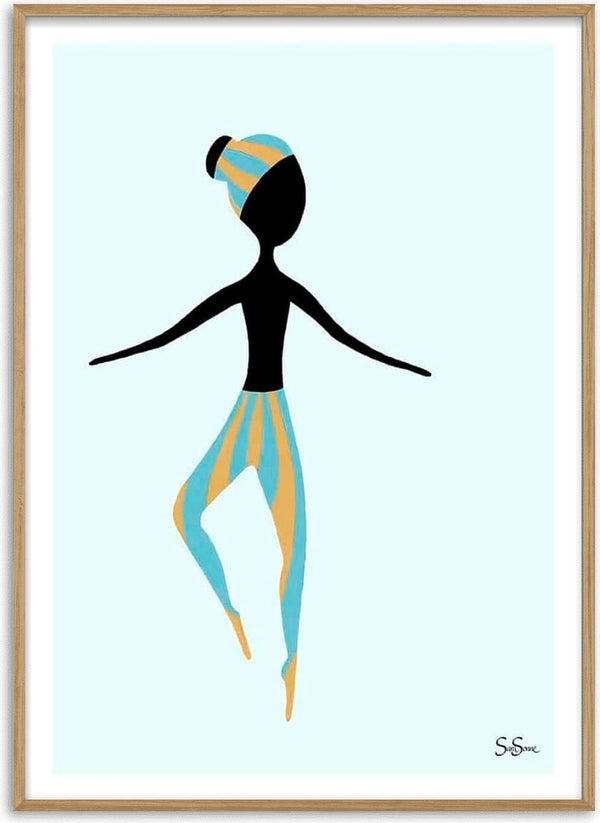 Minimalist illustration of a dancer in blue and yellow attire from Sara Sonne's "Just Dance" collection.