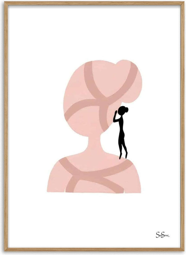 Abstract art print of a faceless figure with lines and a small black silhouette by the ear, by Sara Sonne.