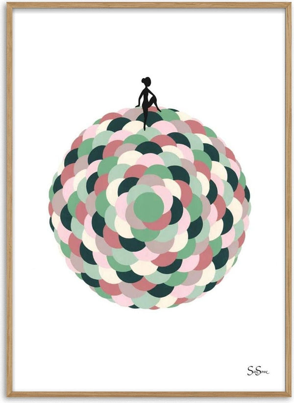 Minimalist art print of a figure atop a large, colorful, overlapping circle pattern by Sara Sonne.