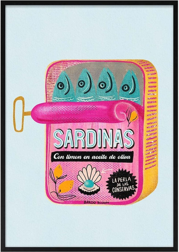 Illustration of a colorful sardines tin can labeled "Sardinas" with lemon and olive oil on a light blue background.
