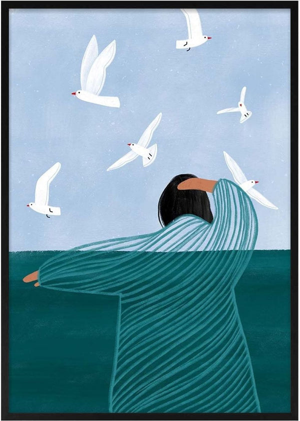 Illustration of a person in a striped robe by the sea, watching seagulls fly under a blue sky.
