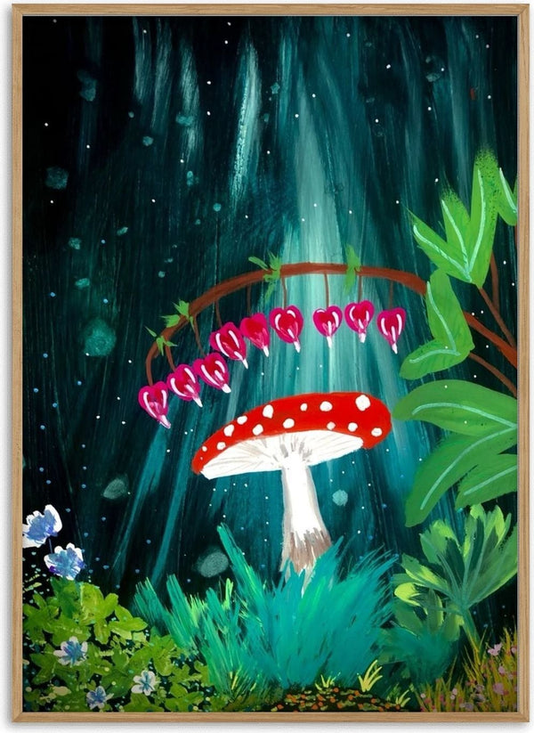 Secret Garden by Debbie Seenan - red toadstool under pink bleeding heart flowers in a teal forest