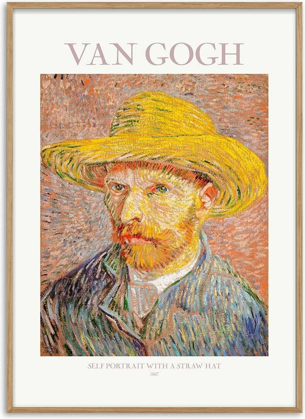 Painting of Van Gogh in a yellow straw hat with textured brushstrokes, title and product name above.