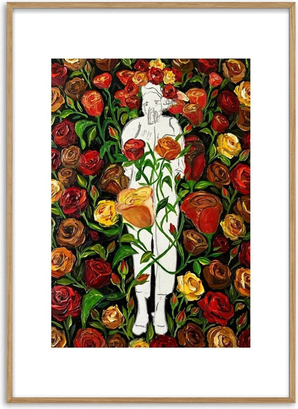 She stands in Bloom by Madame Petit - a white figure outlined against a wall of red and yellow roses