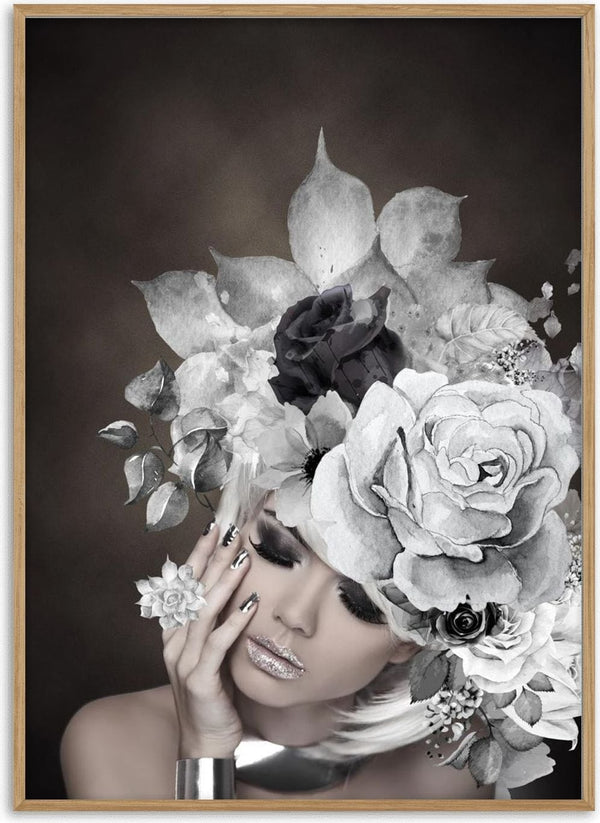 A woman with dramatic makeup wearing a large silver flower headdress, as featured on the Silver flowers 1 poster.
