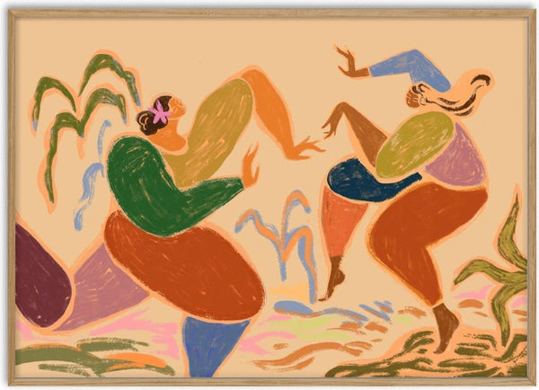Two women in colorful clothing dance joyfully amid abstract plants, artwork by Arty Guava titled "Sisters of the Rhythm".