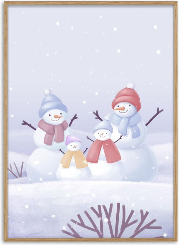 Illustration of a smiling snowman family with scarves and hats, sitting together in a snowy winter landscape.