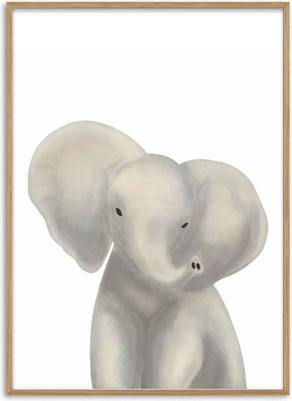 Cute, minimalist illustration of a gray baby elephant on a white background.