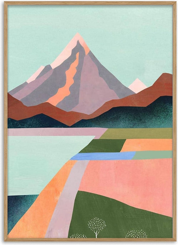 Geometric landscape art print of a mountain with colorful fields and trees, by First Blossom- Henry Rivers.