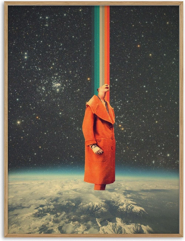 Surreal art of person in orange coat on snowy ground, with colorful beams extending from head into starry space.