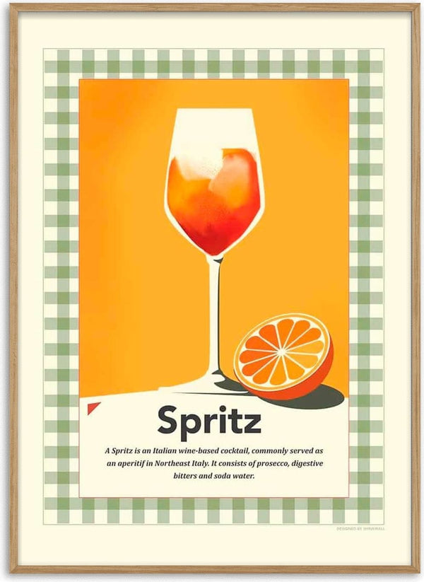 Retro print of a Spritz cocktail in a wine glass with an orange slice, on a checkered background.