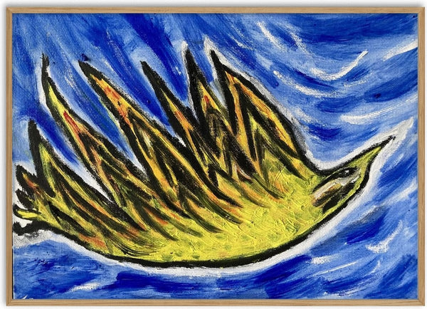 Spur by Fábio Diniz Art - flame-edged yellow leaf shape on swirling blue