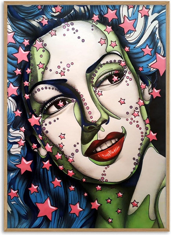 StarLady by Okiana - a green and cream face with pink stars and waving blue hair