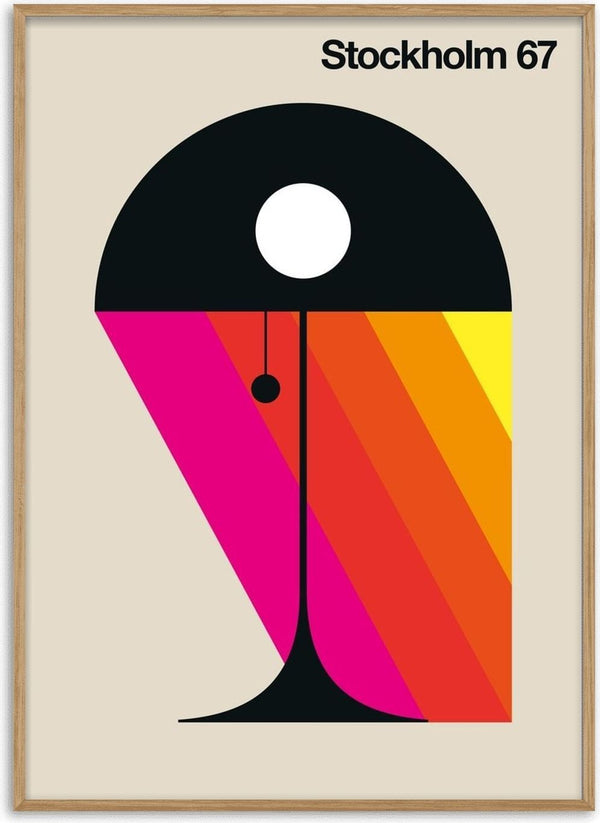 Stockholm 67 by Bo Lundberg - black Scandinavian lamp above diagonal bands of magenta, red, orange and yellow