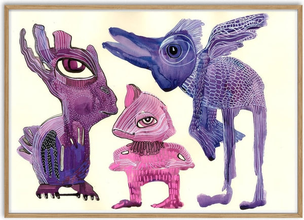 Strange little creatures by Lena Galé - three invented animals in purple, pink and blue on a cream ground