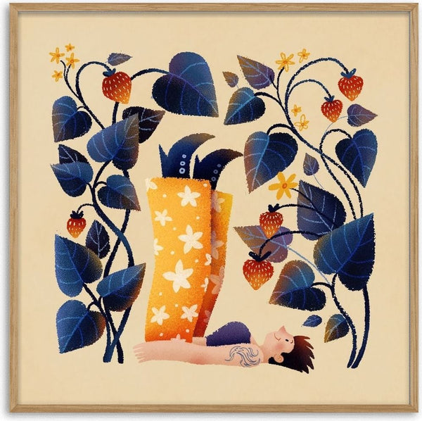 strawberries by Justyna - man with raised legs among blue leaves and red strawberries