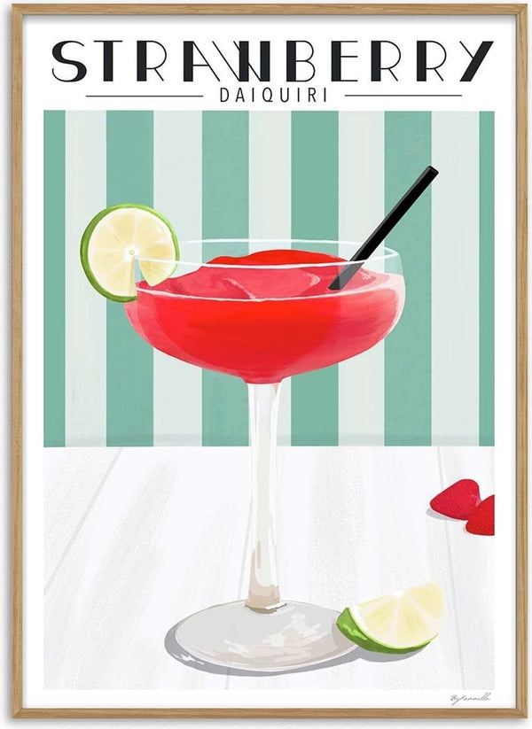 Illustration of a Strawberry Daiquiri cocktail with lime garnish and black straw, on a striped background.