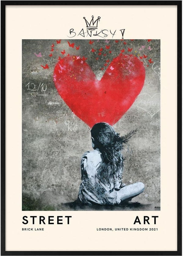 Poster inspired by Banksy featuring a girl with a red heart-shaped graffiti and butterflies on a grey wall.