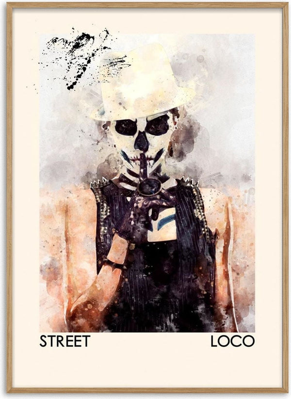 Watercolor-style poster of a person in skeleton makeup and white hat, with "Street Loco" text at the bottom.