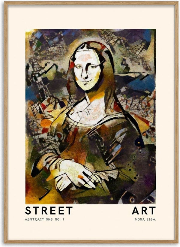 Street Art poster of Mona Lisa with abstract, colorful graffiti-style background.