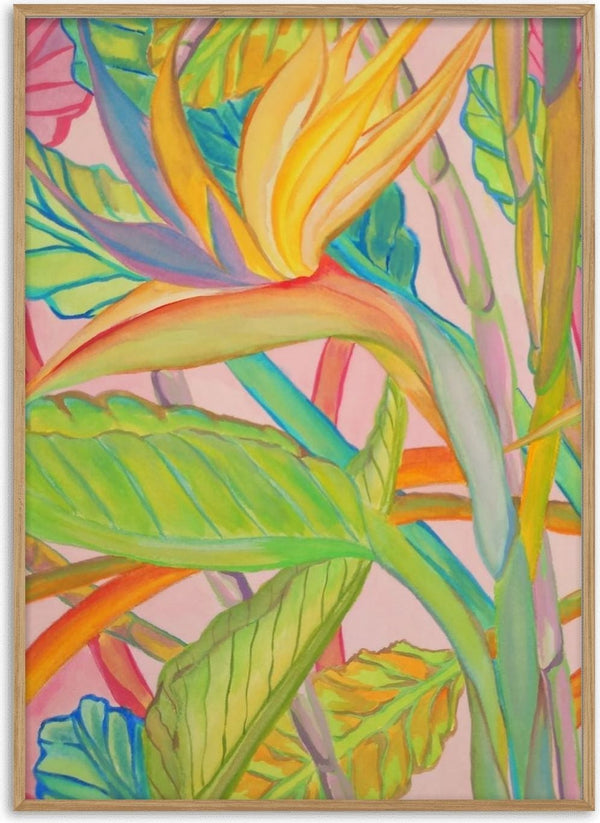 Strelitzia rossa by Maria Emanuela Fiori - an orange bird of paradise among broad green leaves on pale pink