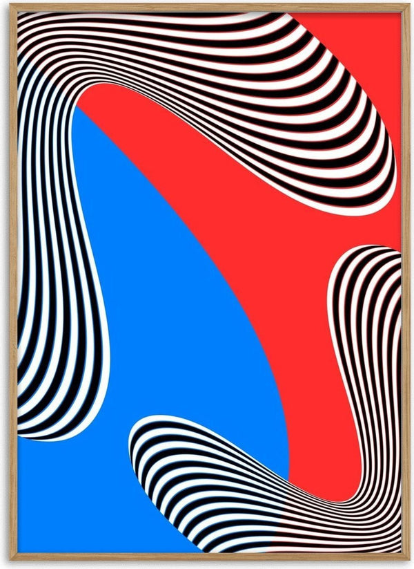 Stripes by Aleksi Allan - black and white striped ribbons curling across red and blue fields