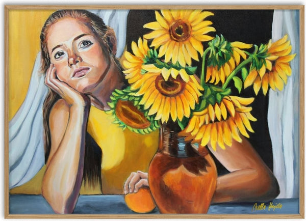Summer Daydream by Nella Hajdu - woman in a yellow dress resting her cheek on her hand beside a copper jug of sunflowers