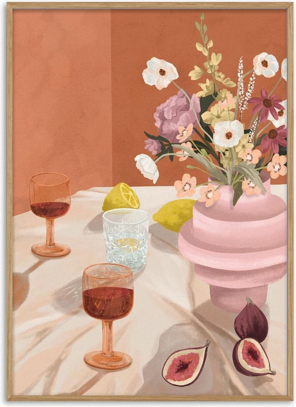 Illustration of a table with figs, lemon, wine glasses, and a pink vase with flowers for Summer Stories - Goed Blauw.