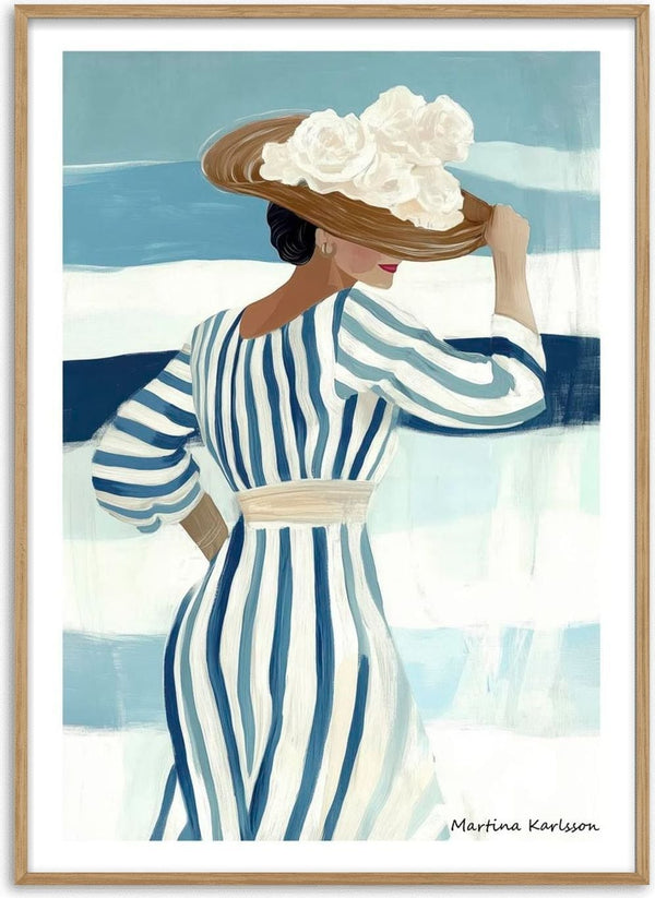 Woman in a blue and white striped dress with hat stands against abstract background; art by Martina Karlsson.