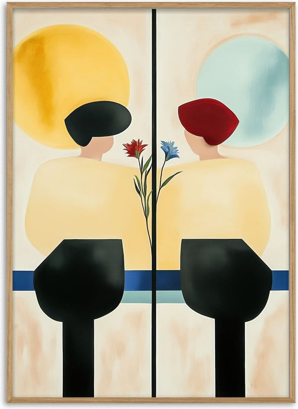 Sun Meets Moon by David Wolf two mirrored figures under a yellow sun and a pale blue moon
