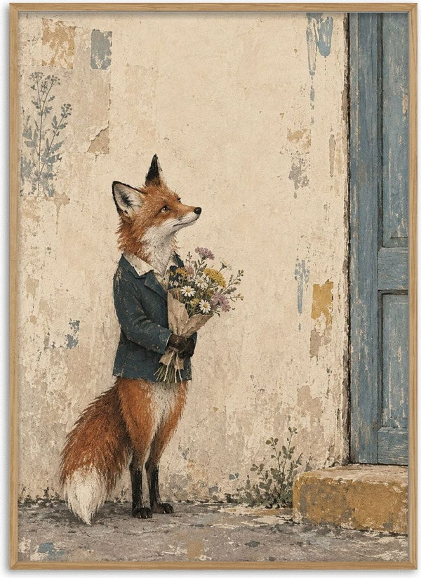 Sunday Best by Matthews Gallerie — a red fox in a blue jacket holding a wildflower bouquet beside a weathered blue door