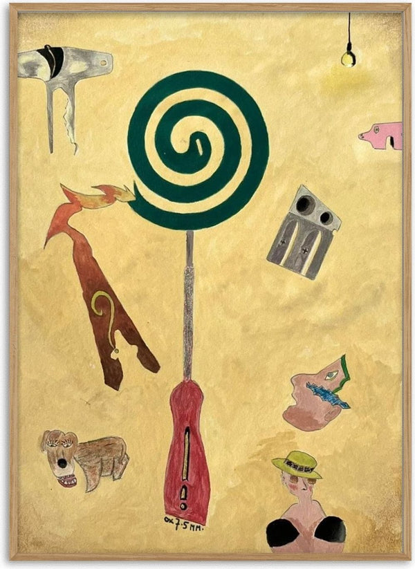 Sunday Morning Gathering by Art Guveau - surreal painting of floating objects with a green spiral on ochre