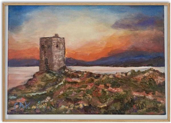 Sunset at Torre Santa Elena by PaKart - a stone tower above the sea under a gold and violet sky