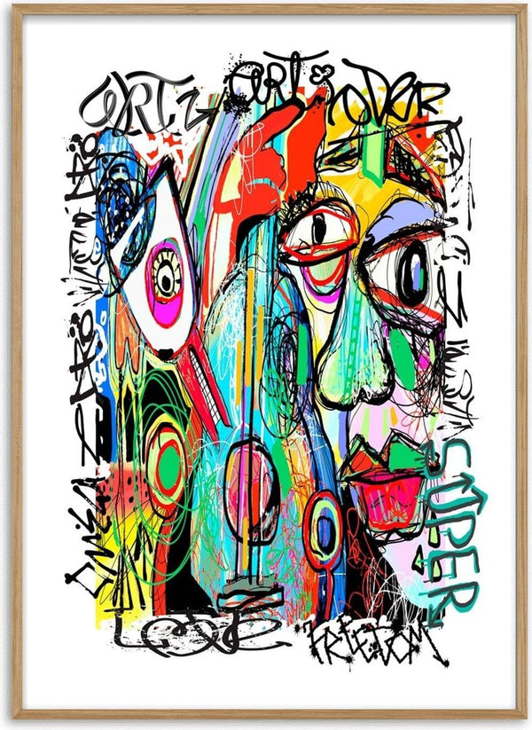 Colorful abstract portrait with bold lines, text "SUPER LOVE" and dynamic graffiti-style elements on white background.