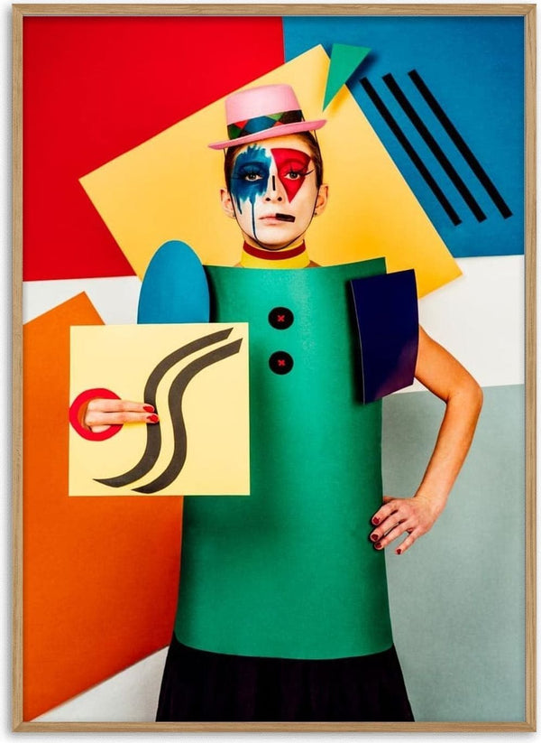 Suprematist portrait of Lena Naymkina with geometric costume and abstract, colorful background.
