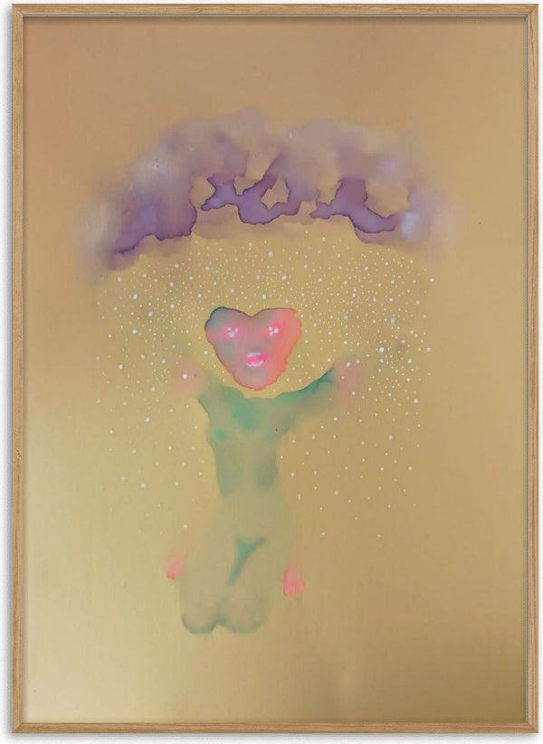 Sweet by Alice Ruja — a kneeling mint-green figure with a coral heart for a head, under a lilac cloud raining white dots.