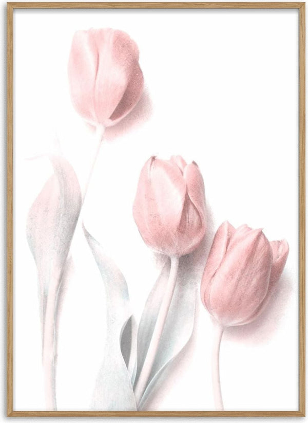 Three soft pink tulips with pale green leaves, highlighting the Sweet Pink product's delicate floral theme.