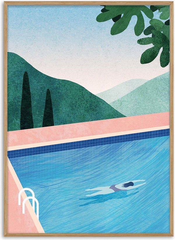 Minimalist illustration of a swimmer in a pool with mountains and greenery in the background.