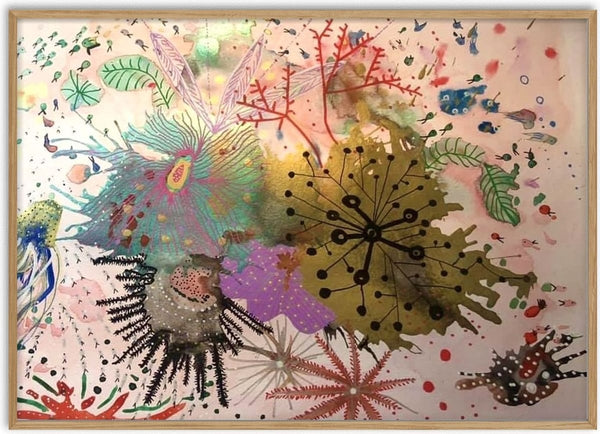 Sylvia’s dream by Debbie Seenan - sea urchins, seed heads and fronds on a pale blush ground