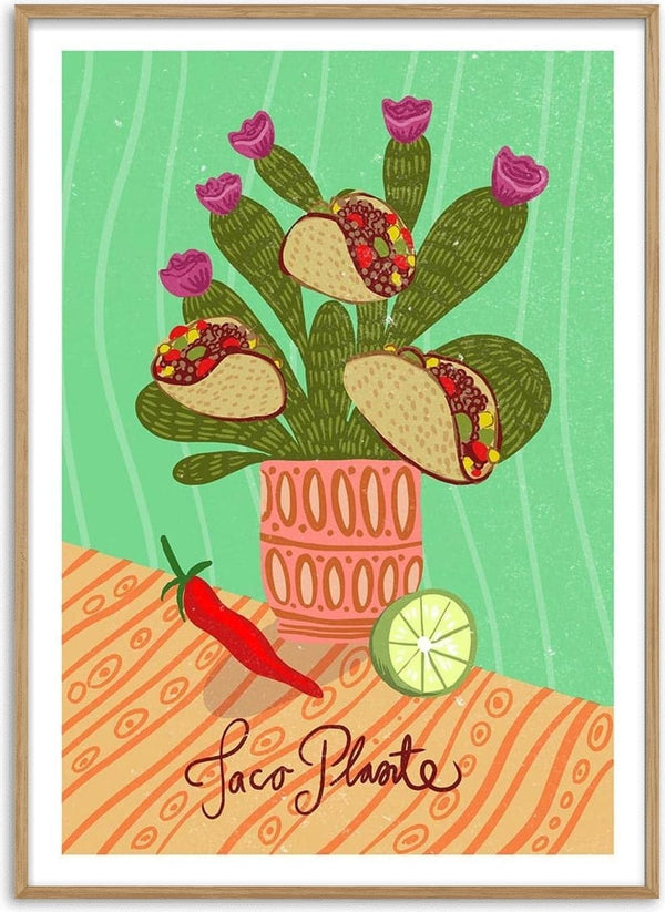 Illustration of a potted cactus with tacos as flowers, lime slice, and chili pepper; "Taco Plante" text below.