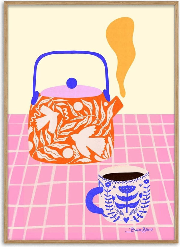 Illustration of a floral-patterned teapot and mug on a pink checkered table for Tea Party Geometry - Baroo Bloom.