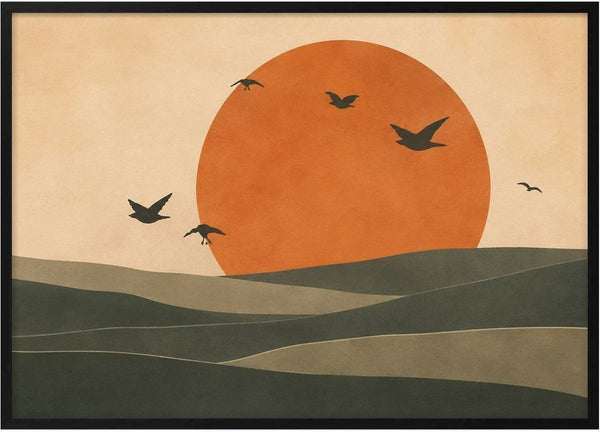 Terracotta Abstract Landscape – Minimalist Earthy Harmony by TimlessArtworks - orange sun and birds over layered earthy hills
