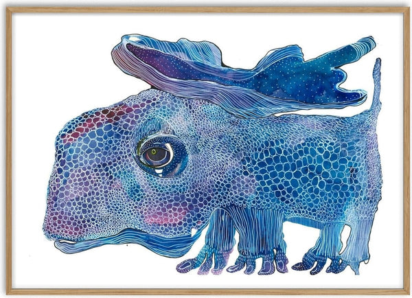 The Blue Watcher by Lena Galé - a one-eyed blue creature with ribbed crests drawn in ink on white