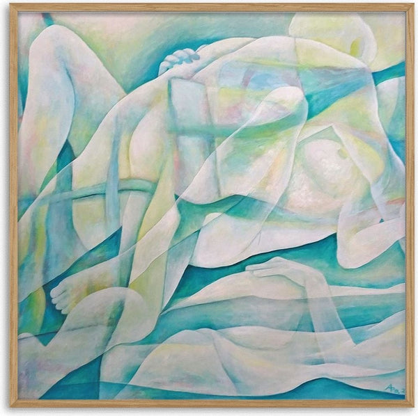 The Creation of the World by Andreas Pohle - two translucent nude figures intertwined in cream and turquoise